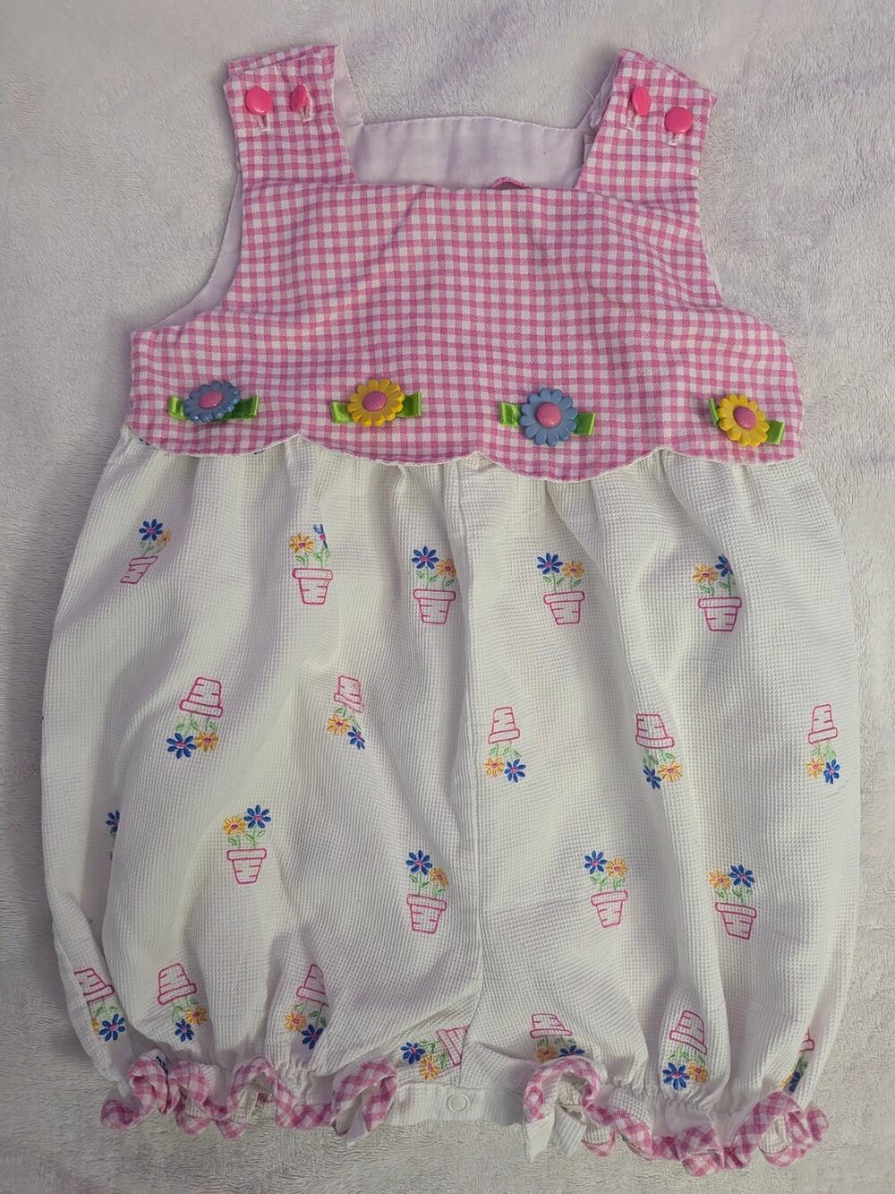 Vintage B.T. Kids Girls 4T Pink Gingham Floral Embroidered Romper Dress Ruffle